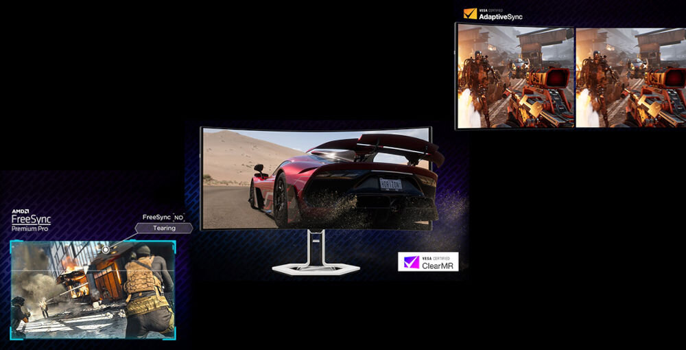 Obraz przedstawia monitor z wyświetlanym samochodem sportowym na pustynnym tle. Wokół monitora znajdują się mniejsze obrazy z grami oraz logotypy: AMD FreeSync Premium Pro, FreeSync NO Tearing, VESA Certified AdaptiveSync i VESA Certified ClearMR.