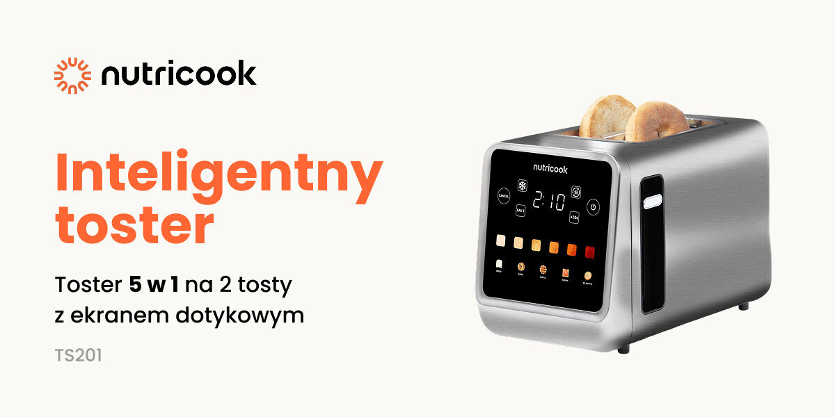 Obraz przedstawia toster marki Nutricook z dwoma tostami w środku. Na ekranie dotykowym widoczne są różne ikony i czas 2:10, a obok znajduje się tekst: \'Inteligentny toster Toster 5 w 1 na 2 tosty z ekranem dotykowym TS201\'.