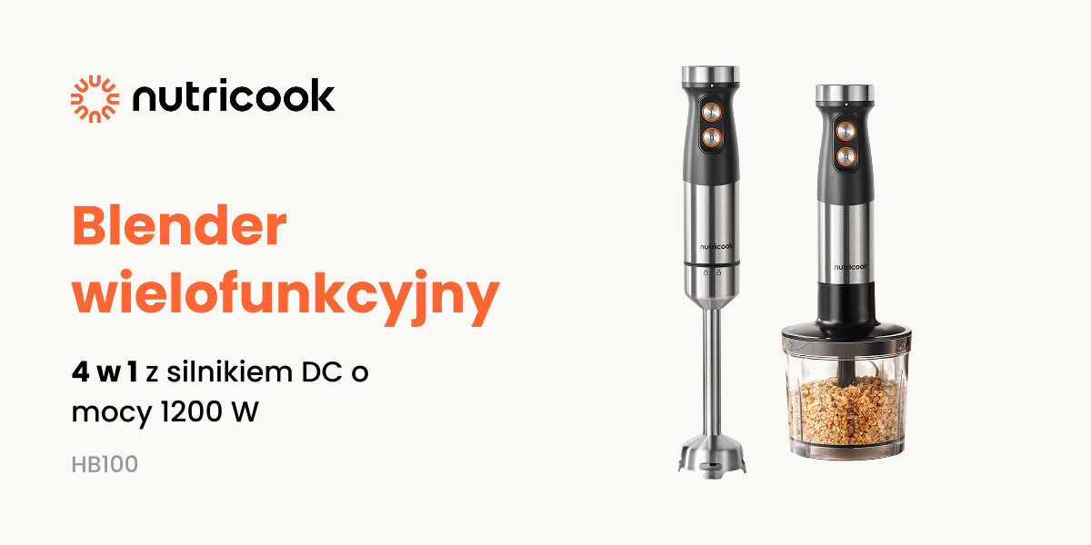 Obraz przedstawia dwa blendery wielofunkcyjne marki Nutricook, model HB100, z napisem \'Blender wielofunkcyjny 4 w 1 z silnikiem DC o mocy 1200 W\'.