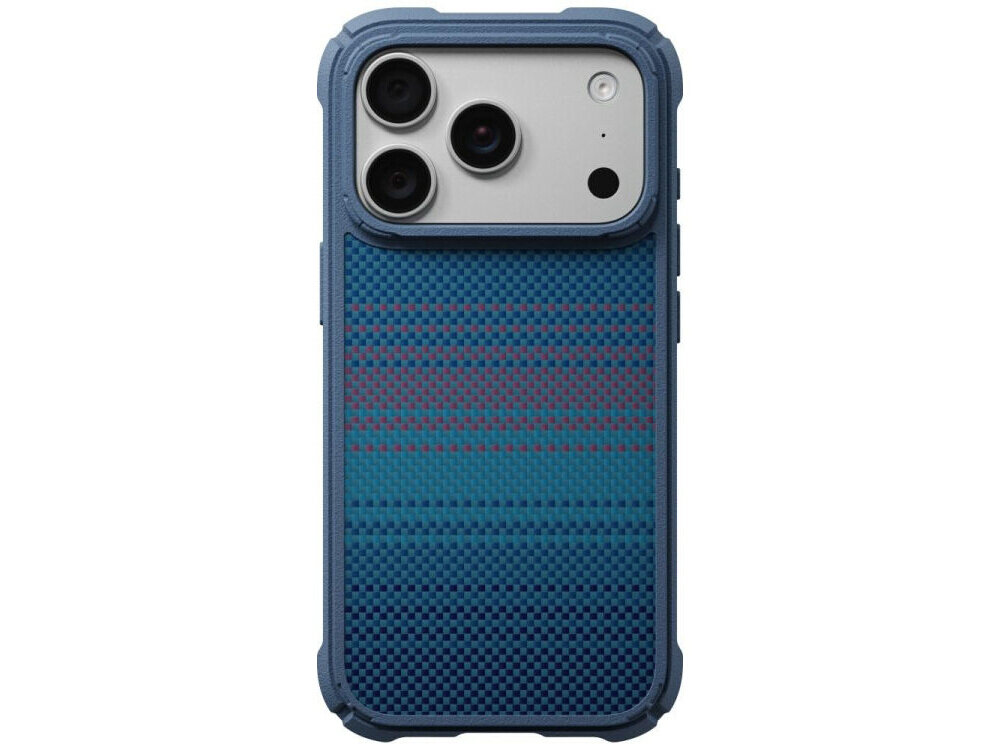 Etui na telefon z trzema widocznymi obiektywami aparatu, w kolorze niebieskim z wzorem w kratkę. Obudowa ma teksturę i wzmocnione narożniki.
