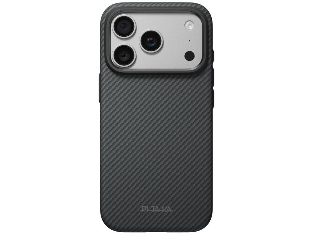 Etui na telefon w kolorze czarno-szarym z teksturą w paski, z trzema widocznymi otworami na aparaty. Na dole widoczne jest logo \'PITAKA\'.