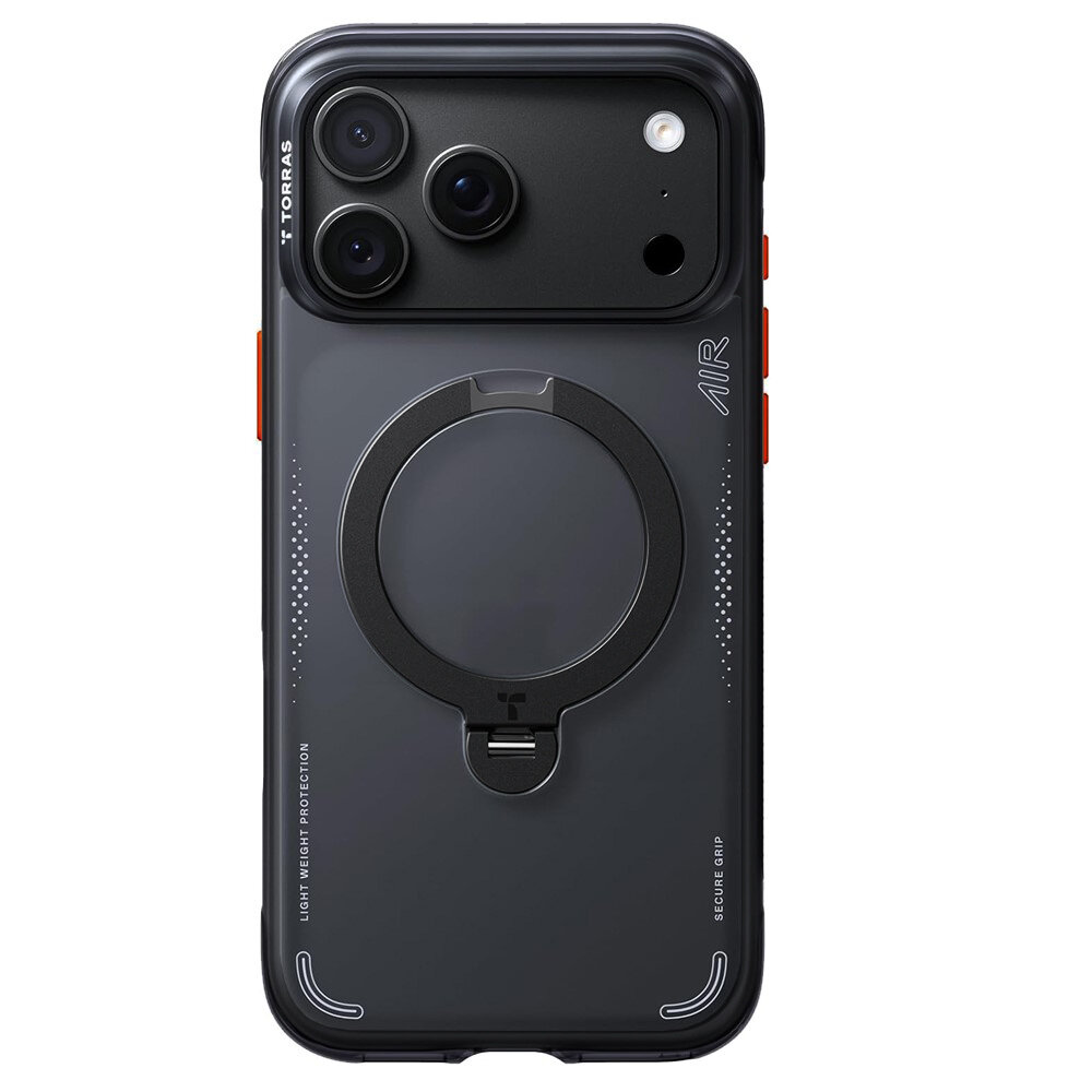 Obraz przedstawia etui na telefon z trzema widocznymi obiektywami aparatu i obrotowym ringiem na środku. Na etui widoczny jest napis \'TORRAS\' oraz \'AIR\'.