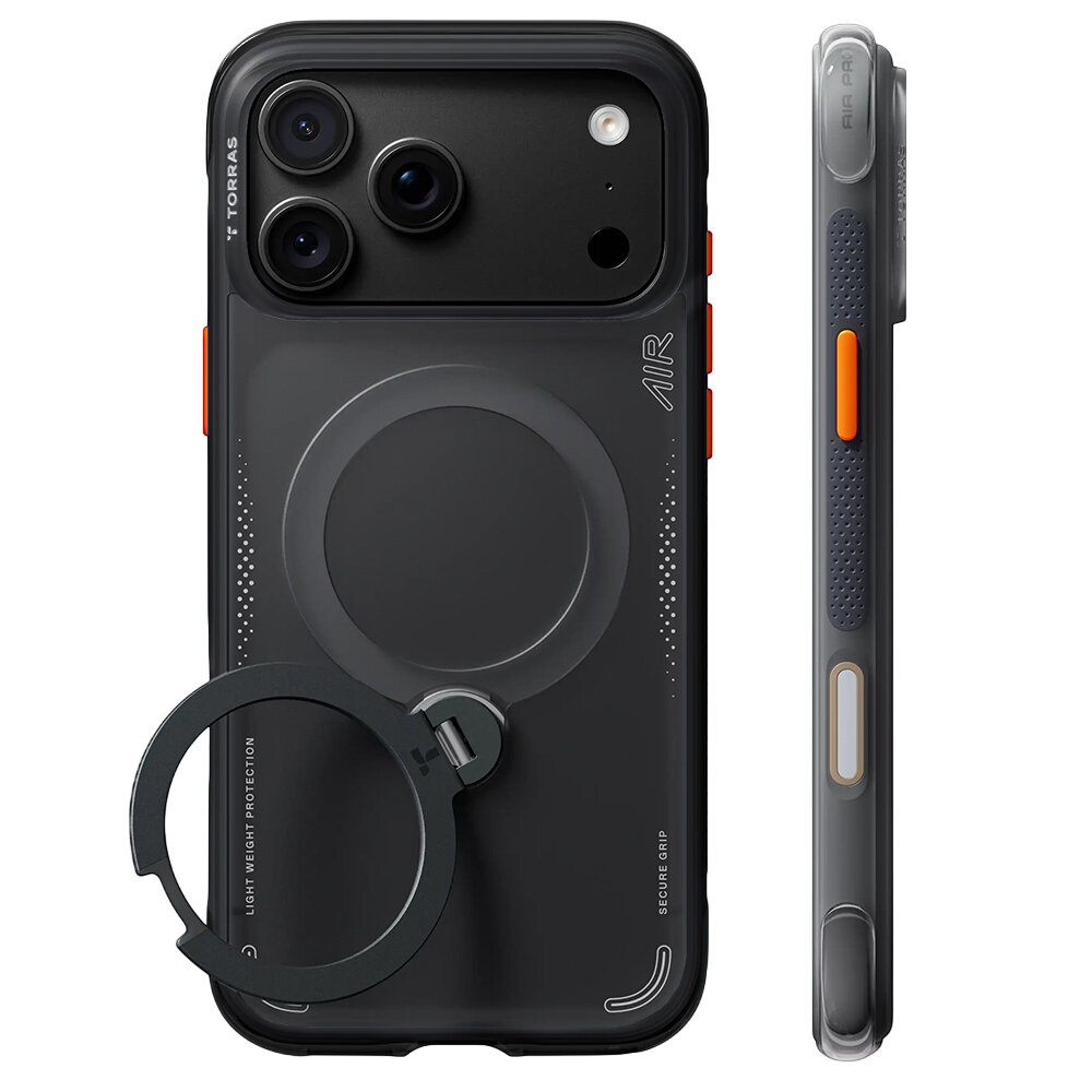 Czarne etui do telefonu z trzema aparatami, posiada obrotowy ring i oznaczenia \'TORRAS\' oraz \'AIR\'. Widoczny jest także napis \'LIGHT WEIGHT PROTECTION\' i \'SECURE GRIP\'.