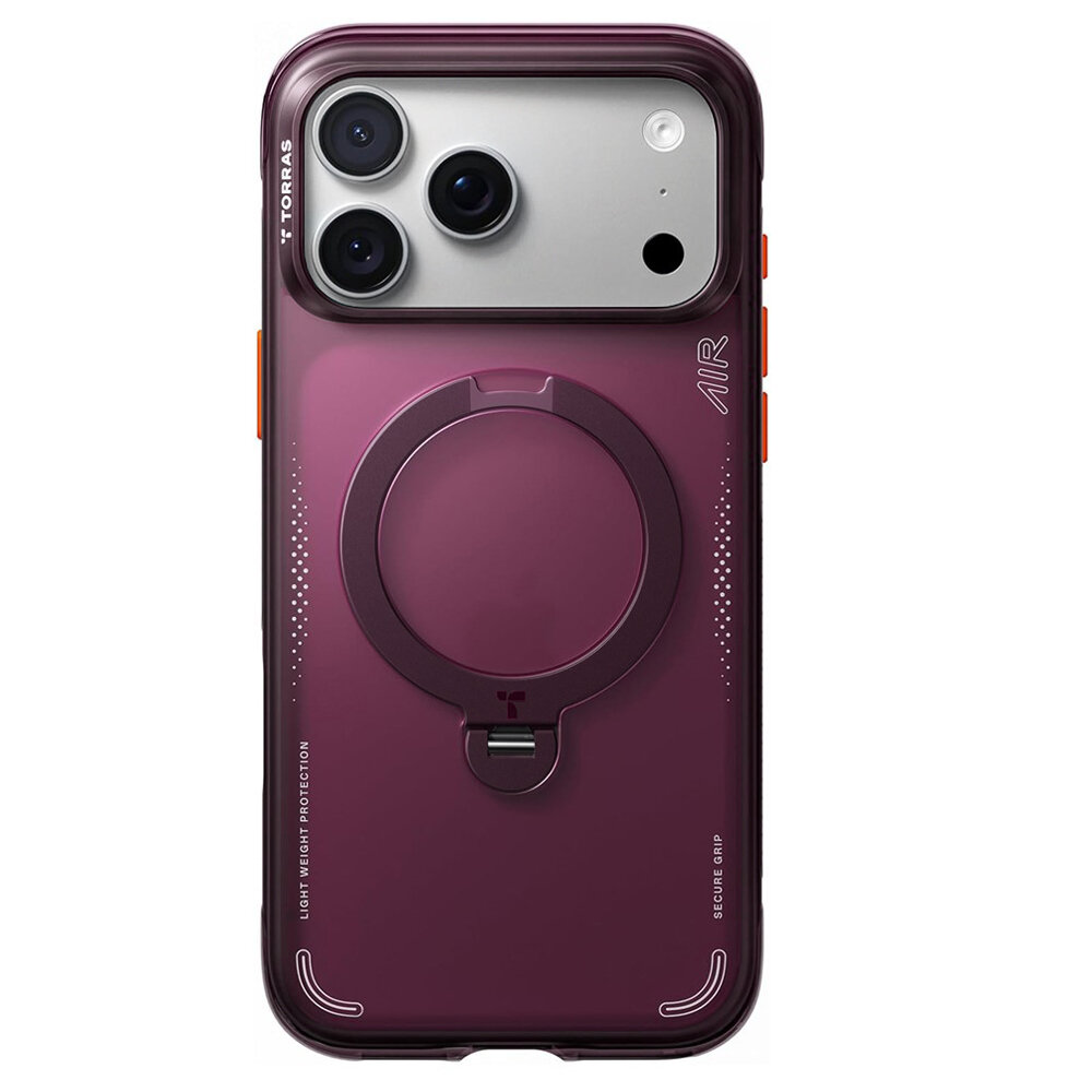 Etui w kolorze fioletowym z okrągłym magnetycznym uchwytem na środku, przeznaczone do iPhone 18 Pro Max / 17 Pro Max. Na etui widoczne są napisy: \'TORRAS\', \'AIR\', \'LIGHT WEIGHT PROTECTION\', \'SECURE GRIP\'.