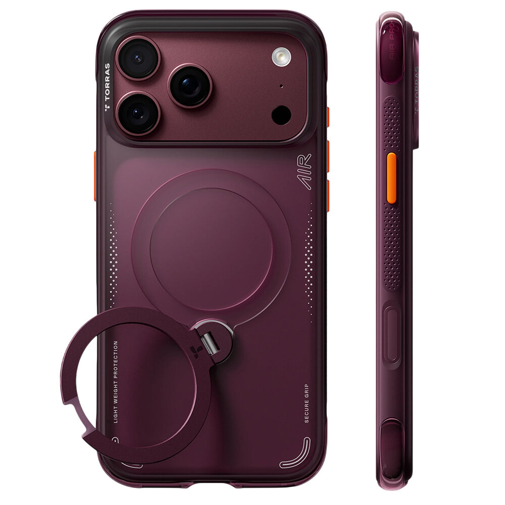 Etui w kolorze bordowym z trzema otworami na aparaty, widoczne logo \'TORRAS\' i napis \'AIR\'. Na etui znajduje się okrągły uchwyt oraz napisy \'LIGHT WEIGHT PROTECTION\' i \'SECURE GRIP\'.