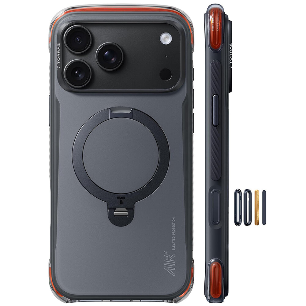 Obraz przedstawia etui na telefon z trzema widocznymi obiektywami aparatu i okrągłym elementem magnetycznym na tylnej części. Na etui widoczny jest napis \'TORRAS\' oraz \'AIR ELEGANT PROTECTION\'.