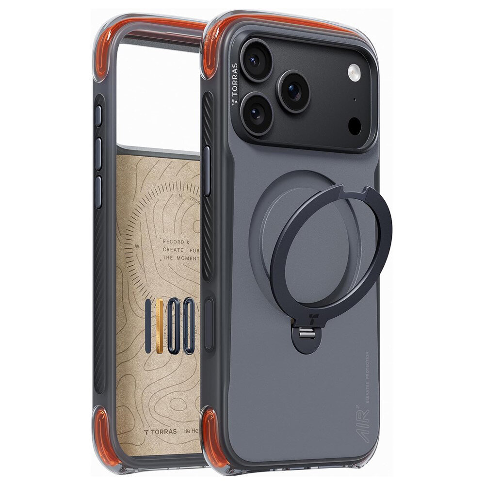 Etui do telefonu z trzema aparatami, posiada magnetyczny uchwyt i przezroczyste elementy z pomarańczowymi akcentami. Na etui widoczne jest logo \'TORRAS\'.