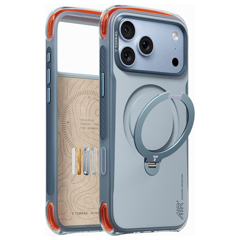 Etui do telefonu w kolorze szarym z wbudowanym ringiem i trzema otworami na aparat. Na etui widoczne jest logo \'TORRAS\' oraz napis \'AIR ELEVATED PROTECTION\'.