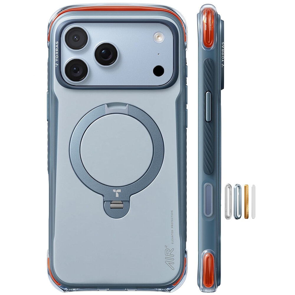 Etui do telefonu w kolorze niebieskim z okrągłym ringiem na tylnej części, widoczne są trzy otwory na aparaty. Na boku etui znajduje się przycisk oraz logo \'TORRAS\'.