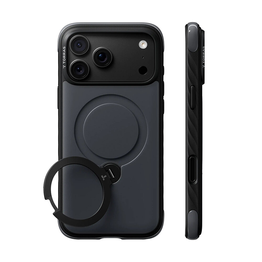 Etui na telefon z trzema aparatami i pierścieniem na tylnej części, widoczne logo \'TORRAS\'.