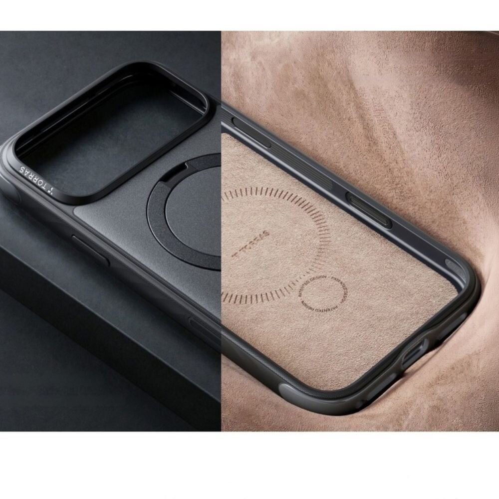 Obraz przedstawia etui na telefon z napisem \'TORRAS\' na krawędzi. Wnętrze etui ma teksturę przypominającą zamsz z widocznymi okręgami i napisem \'TORRAS\'.