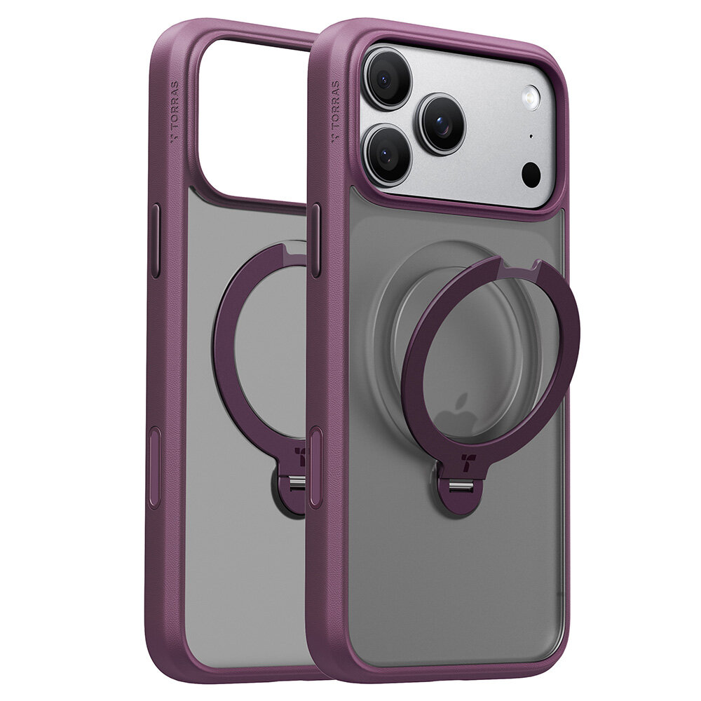 Etui do telefonu w kolorze fioletowym z przezroczystym tyłem i wbudowanym stojakiem 360°. Na etui widoczne jest logo \'TORRAS\'.