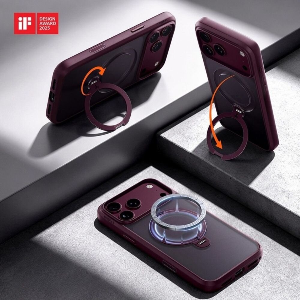 Na obrazie widoczne jest etui do telefonu w kolorze bordowym z funkcją stojaka 360° i pierścieniem do MagSafe. W lewym górnym rogu znajduje się logo \'iF Design Award 2025\'.