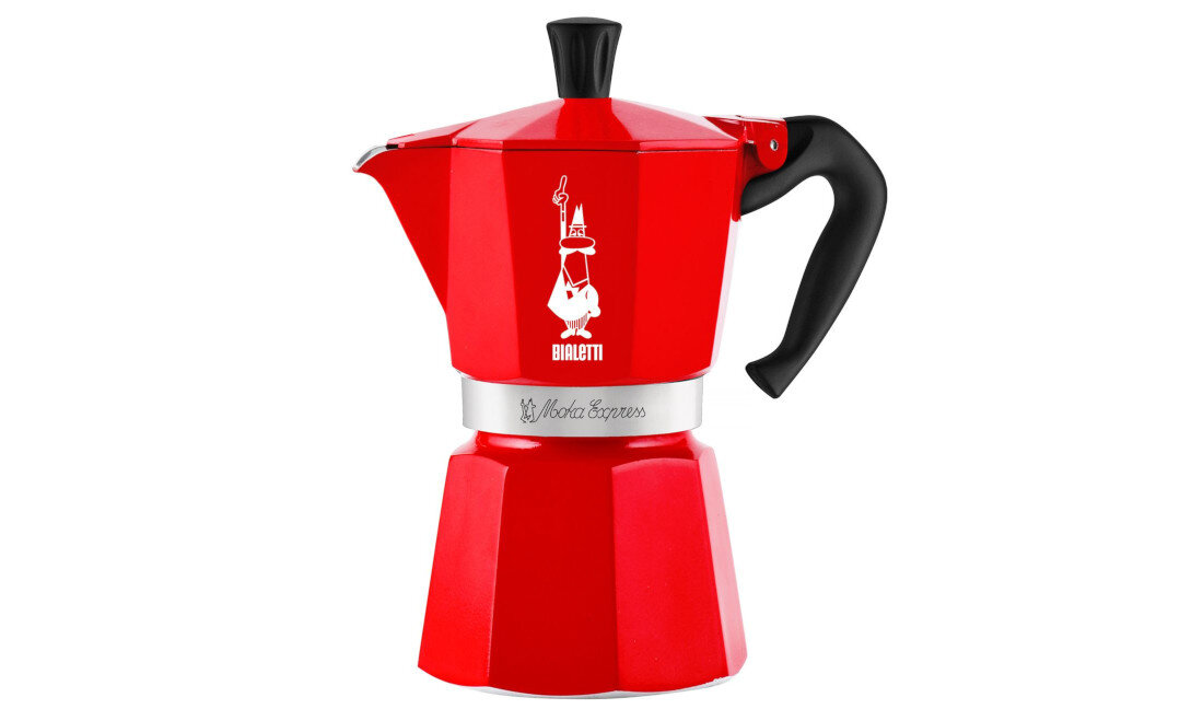 Czerwona kawiarka z czarnym uchwytem, na której widnieje logo Bialetti oraz napis \'Moka Express\'.
