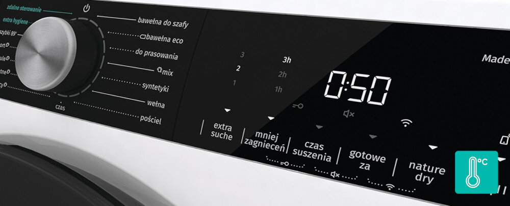 Panel sterowania suszarki z pokrętłem wyboru programów i wyświetlaczem pokazującym czas 0:50. Widoczne są opcje takie jak \'extra suche\', \'mniej zagnieceń\', \'czas suszenia\', \'gotowe za\', \'nature dry\'.