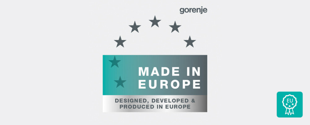 Obraz przedstawia logo z napisem \'gorenje\' oraz tekstem \'MADE IN EUROPE\' i \'DESIGNED, DEVELOPED & PRODUCED IN EUROPE\'. W tle znajduje się sześć gwiazd ułożonych w półokrąg.