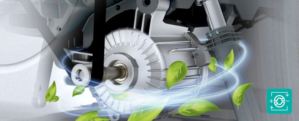 Obraz przedstawia wnętrze mechanizmu z metalowymi elementami, wokół którego unoszą się zielone liście. W prawym dolnym rogu znajduje się ikona z symbolem obiegu powietrza.