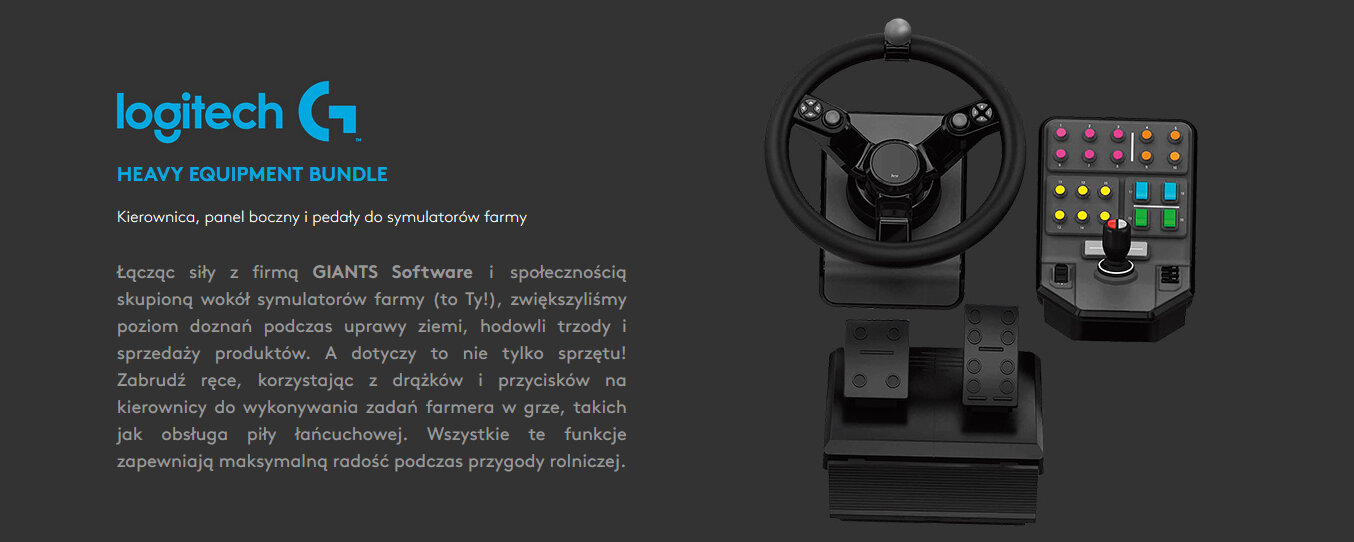 Obraz przedstawia zestaw do symulatorów farmy z kierownicą, panelem bocznym i pedałami. Po lewej stronie widoczne jest logo \'logitech G\' oraz tekst opisujący produkt i jego funkcje.