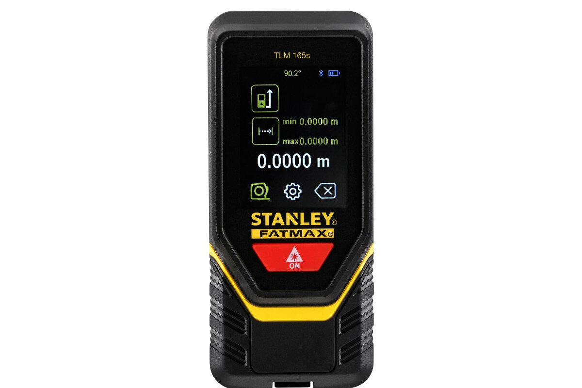 Dalmierz laserowy STANLEY TLM 165S STHT1-77139 50m, zasięg, Pitagoras, IP54, powierzchnia, na białym tle laser frontem na wprost