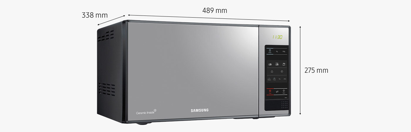 wymiary wolnostojącej mikrofali Samsung Kuchenka mikrofalowa w kolorze czarnym z panelem sterowania po prawej stronie i wyświetlaczem pokazującym godzinę 1:30. Na obudowie widoczne są napisy: \'Ceramic Inside\' i \'SAMSUNG\', a wymiary urządzenia to 489 mm szerokości, 338 mm głębokości i 275 mm wysokości.