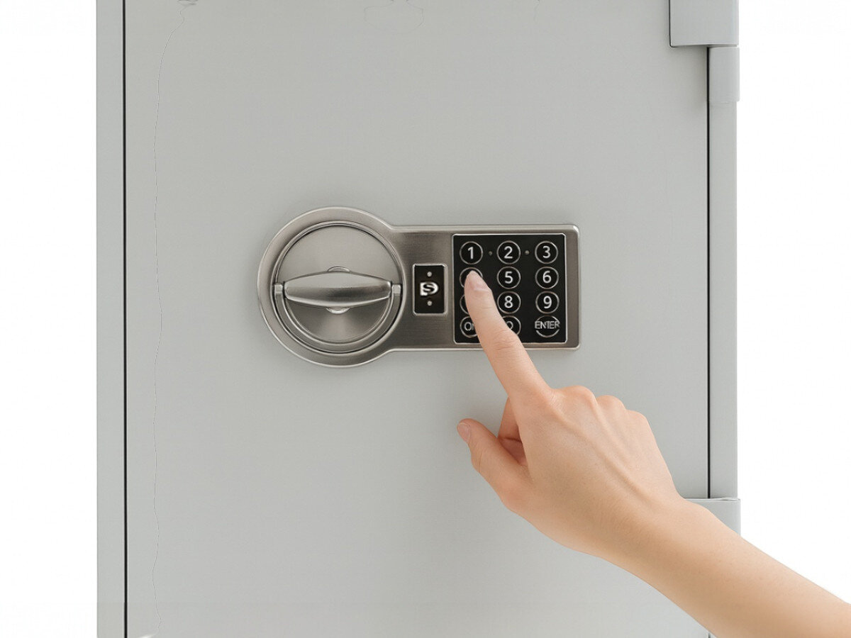 Na obrazie widoczny jest panel z klawiaturą numeryczną i pokrętłem na drzwiach sejfu. Dłoń wskazuje na przycisk z numerem 2 na klawiaturze.