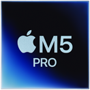Logo z napisem \'APPLE M5 PRO\' na tle w odcieniach niebieskiego i czarnego.