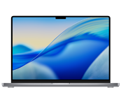Laptop z wyświetlaczem Retina, pokazujący abstrakcyjną grafikę z niebieskimi i żółtymi falami. Obudowa jest w kolorze ciemnym, a ekran ma cienkie ramki.