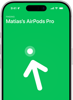 Ekran telefonu z zielonym tłem, na którym widnieje napis \'FINDING Matias’s AirPods Pro\' oraz symbol strzałki skierowanej w górę.