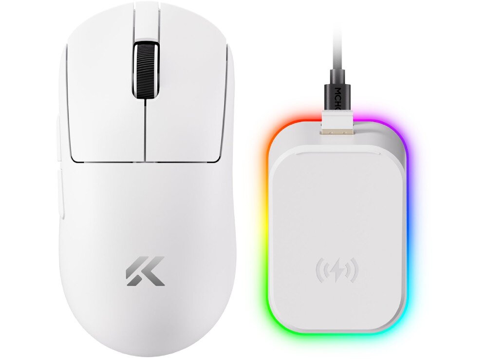 Mysz MCHOSE A7 V2 Ultra+ Zestaw akcesoriów: bezprzewodowa mysz komputerowa obok podkładki ładującej z wielokolorowym podświetleniem LED i kablem USB