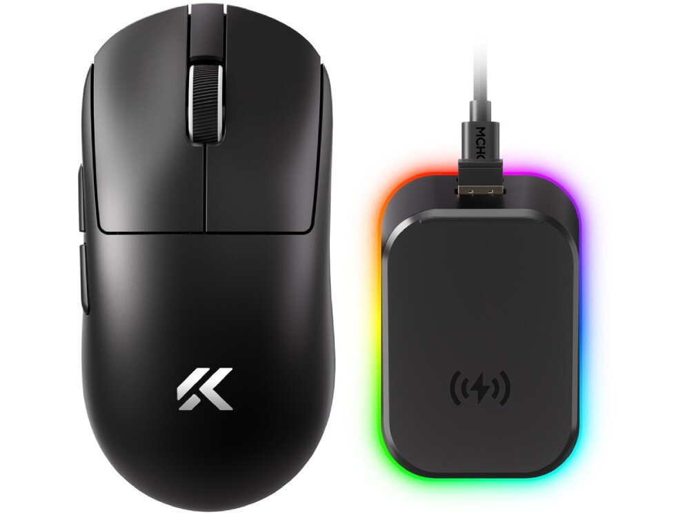 Mysz MCHOSE A7 V2 Ultra+ Zestaw akcesoriów: bezprzewodowa mysz komputerowa obok czarnej podkładki ładującej z wielokolorowym podświetleniem LED i kablem USB