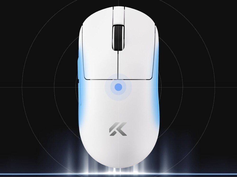 Mysz MCHOSE A7 V2 Pro A7 V2 Pro sensora PAW3395 26 000 DPI Wysoka responsywność Chipset Realtek - myszka od boku, spodu, góry i drugiego boku na białym tle