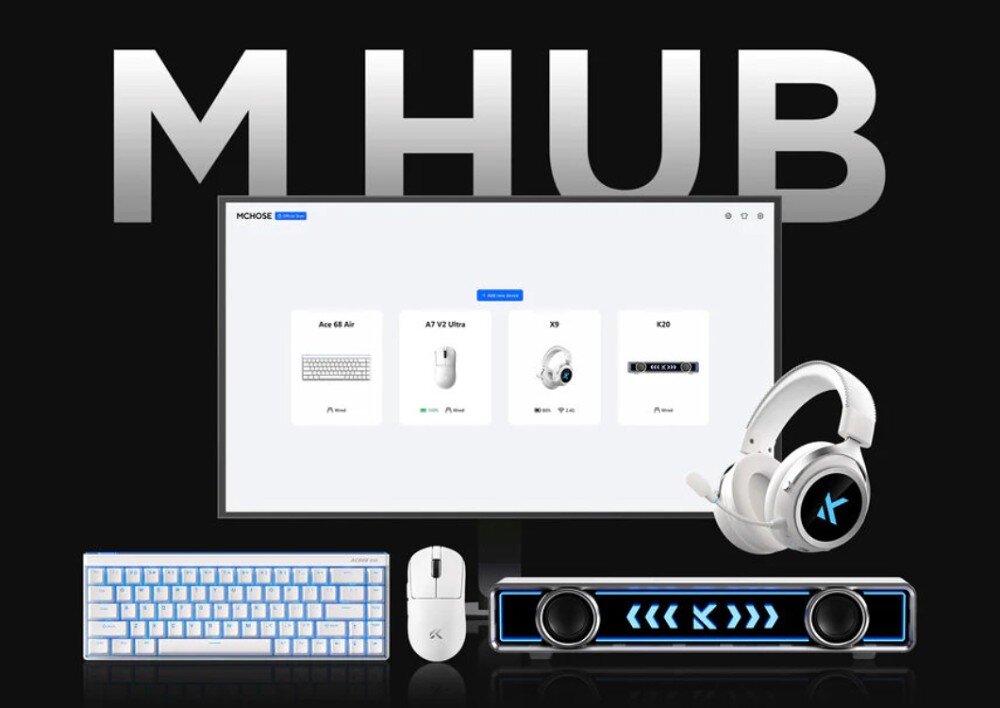 Mysz MCHOSE A7 V2 Pro Oprogramowanie M-HUB MCHOSE A7 V2 Pro dostosować DPI, polling rate, mapowanie przycisków, makra oraz efekty podświetlenia monitorować poziom naładowania baterii Intuicyjny interfejs - zrzut ekranu z oprogramowania, obok mysz, słuchawki, klawiatura