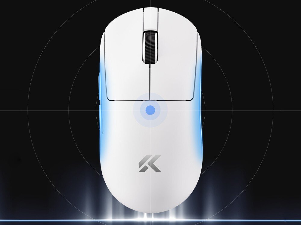 Mysz MCHOSE A7 V2 Ultra Mysz komputerowa widoczna z góry na ciemnym tle, ze świecącym punktem na obudowie oraz symetrycznie umieszczonymi przyciskami i rolką