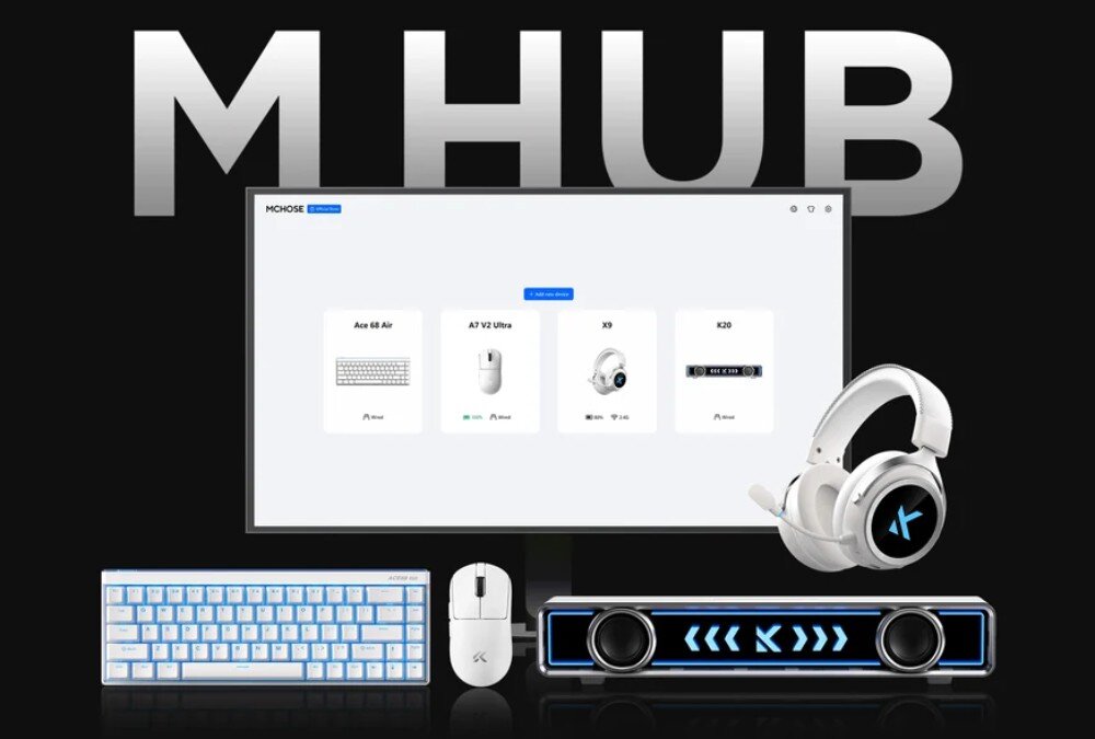 Mysz MCHOSE A7 V2 Ultra Monitor wyświetlający oprogramowanie narzędziowe, przed którym leżą klawiatura, mysz, głośnik oraz słuchawki, z dużym napisem 'M HUB' w tle