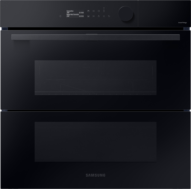 Model piekarnika NV7B5785JAK Czarny piekarnik z dwoma komorami i panelem sterowania z wyświetlaczem. Widoczne logo: SAMSUNG.