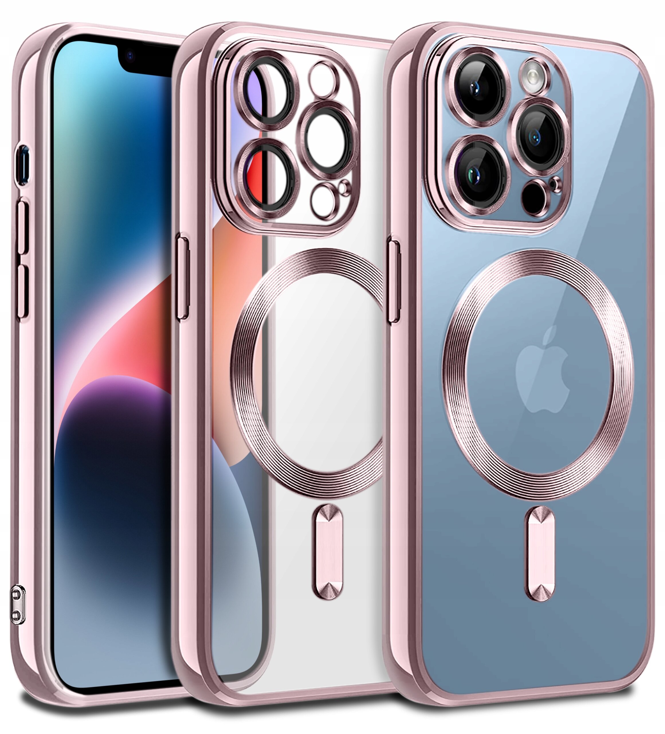 Obraz przedstawia trzy etui na telefon w kolorze różowego złota, z przezroczystymi plecami i okrągłym wzorem na środku. Etui mają wycięcia na aparat i przyciski boczne.