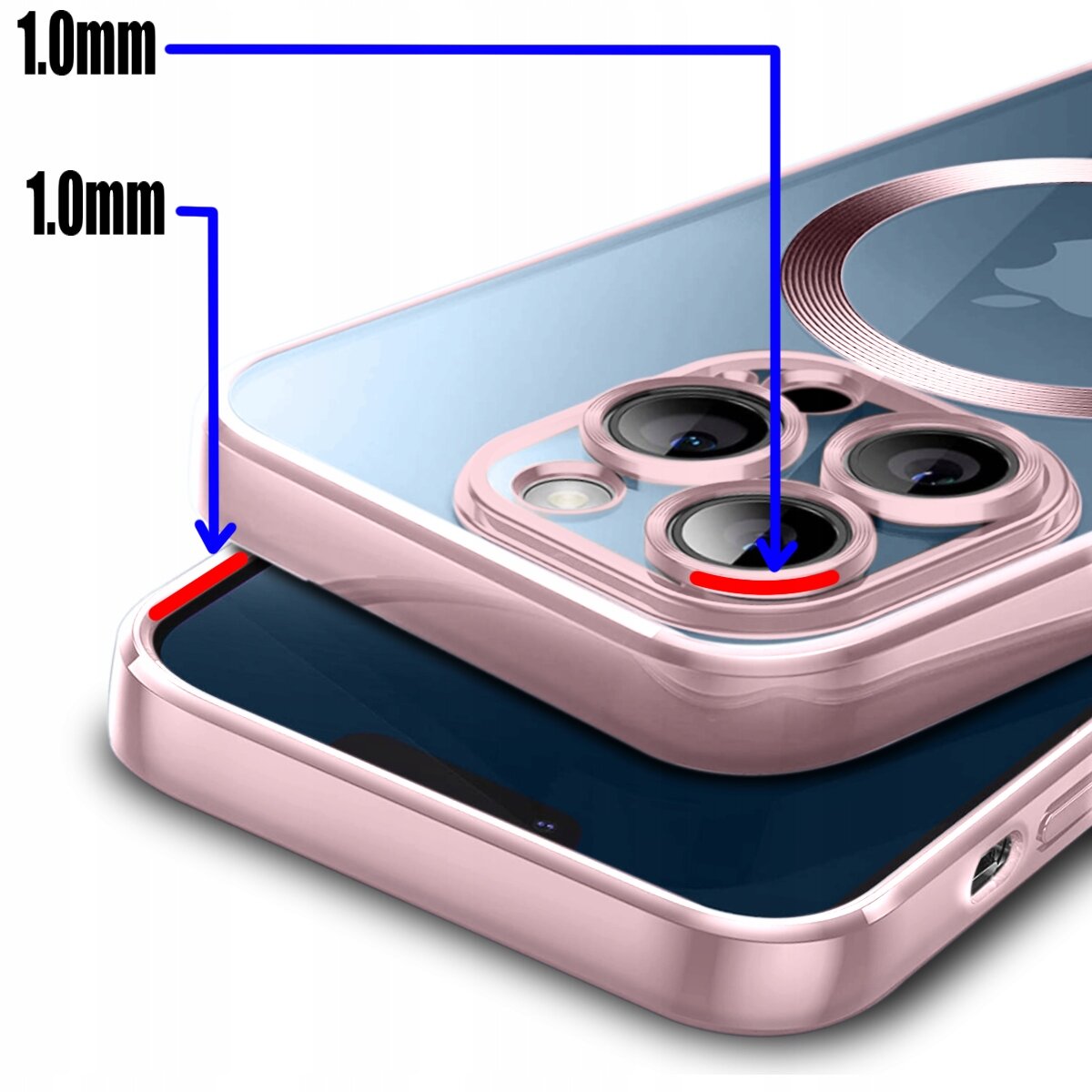 Obraz przedstawia etui na telefon z różowymi krawędziami i przezroczystym tyłem, z widocznymi trzema obiektywami aparatu. Na etui zaznaczono odległość 1.0 mm od krawędzi do powierzchni telefonu.