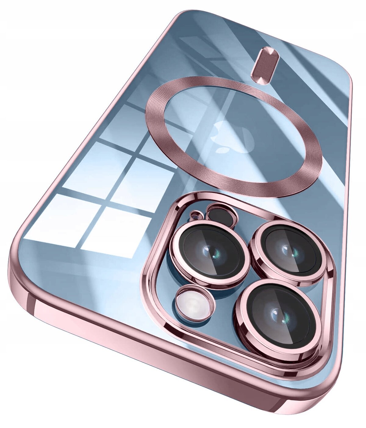Obraz przedstawia etui na telefon z przezroczystym tyłem i różowymi metalicznymi krawędziami, z widocznym okręgiem na środku oraz wycięciem na aparat z trzema obiektywami.