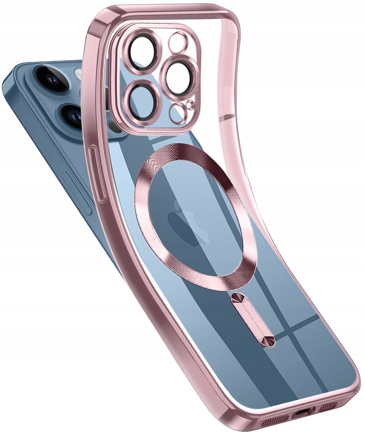 Obraz przedstawia przezroczyste etui z różowymi krawędziami, przeznaczone do telefonu z trzema aparatami. Na etui widoczny jest okrągły wzór, sugerujący kompatybilność z MagSafe.