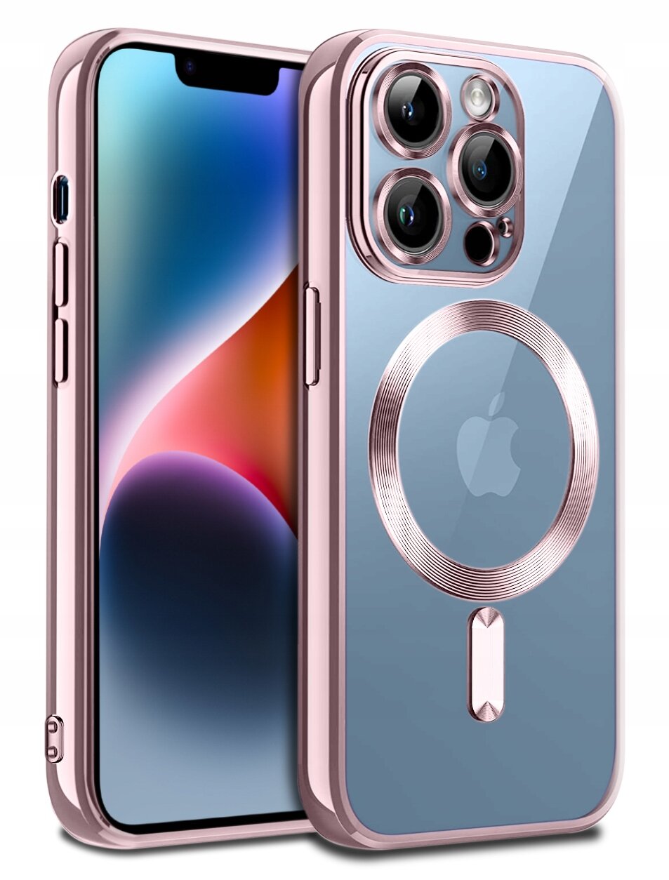 Etui na telefon w kolorze różowego złota z przezroczystym tyłem i okrągłym wzorem wokół logo Apple. Widoczne są wycięcia na aparat i przyciski boczne.