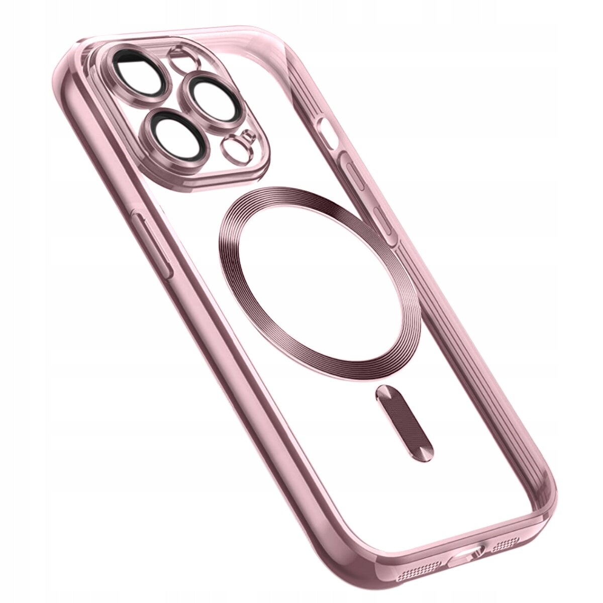 Przezroczyste etui w kolorze różowym z okrągłym wzorem na środku, przeznaczone do iPhone 12 Pro. Posiada wycięcia na aparat i przyciski boczne.