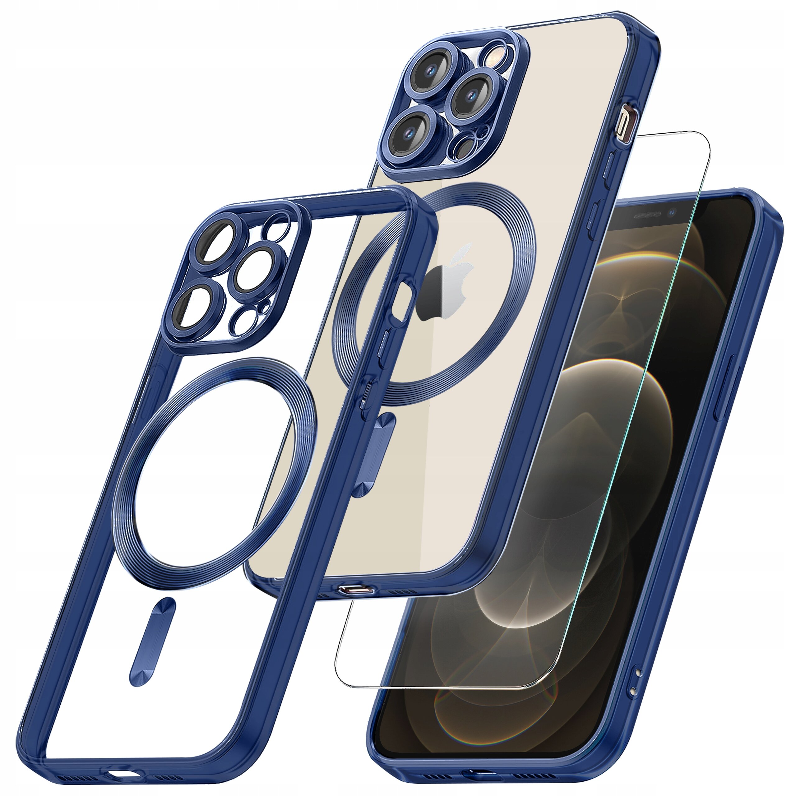Obraz przedstawia przezroczyste etui z niebieskimi krawędziami i okrągłym wzorem, przeznaczone do iPhone 12 Pro, wraz z dopasowanym szkłem ochronnym. Na etui widoczne jest logo w kształcie jabłka.
