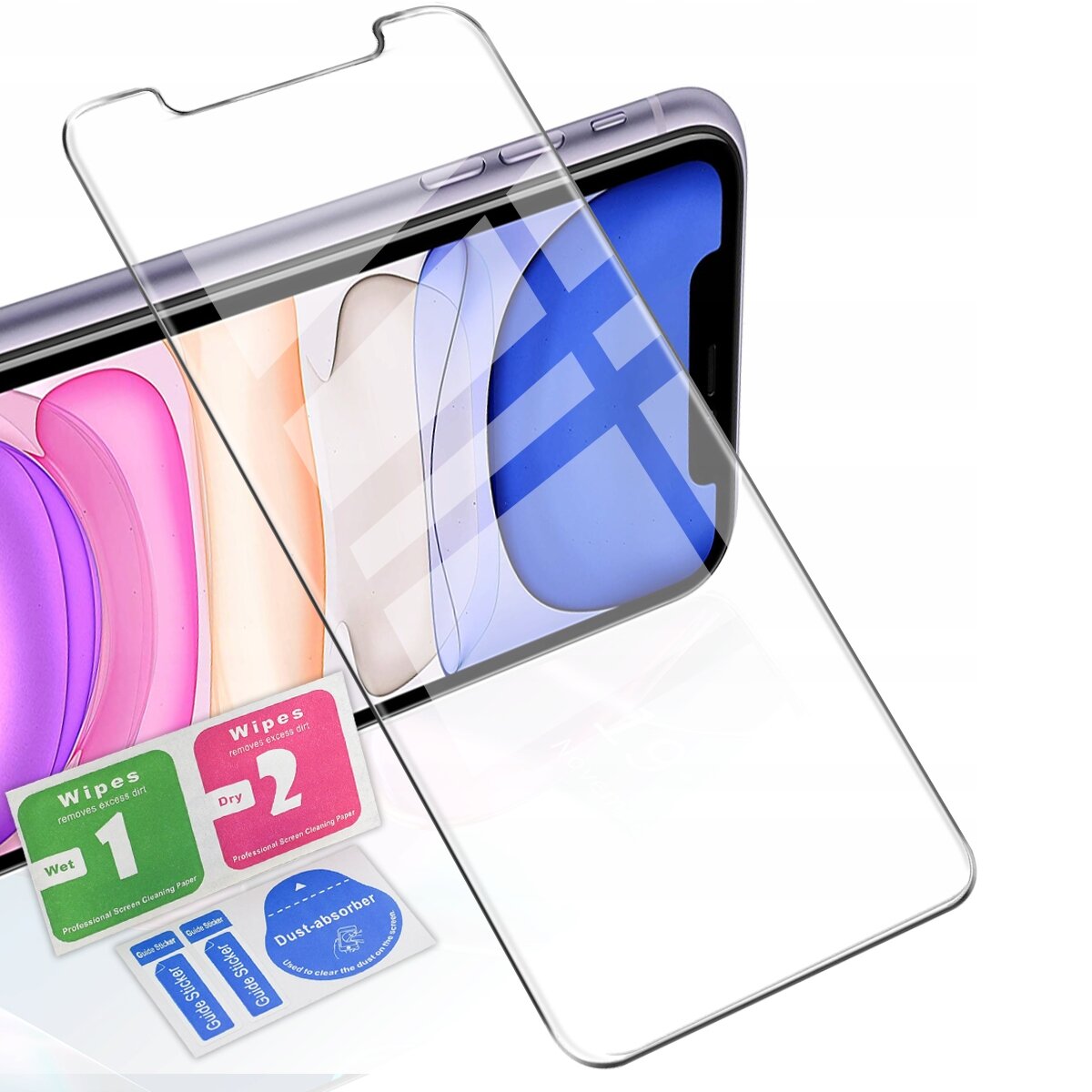 Na obrazie widoczny jest przezroczysty ochraniacz ekranu nałożony na smartfon z kolorowym wyświetlaczem. Obok znajdują się akcesoria do czyszczenia ekranu z napisami: \'Wipes 1 Wet\', \'Wipes 2 Dry\', \'Dust-absorber\', \'Guide Sticker\'.