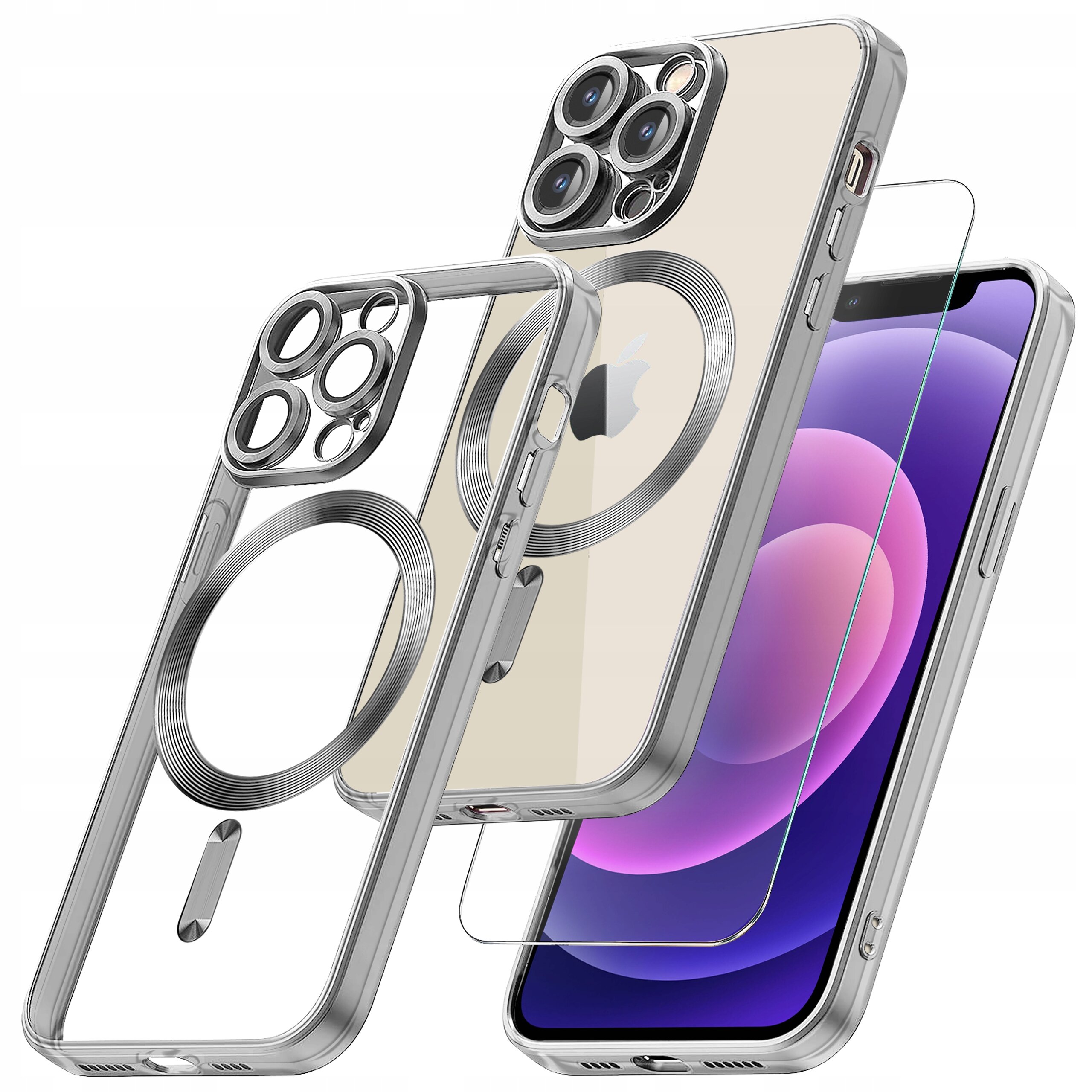 Obraz przedstawia przezroczyste etui do iPhone 13 Pro z metalicznym pierścieniem do MagSafe oraz szkło ochronne. Etui ma wycięcia na aparat i przyciski boczne.