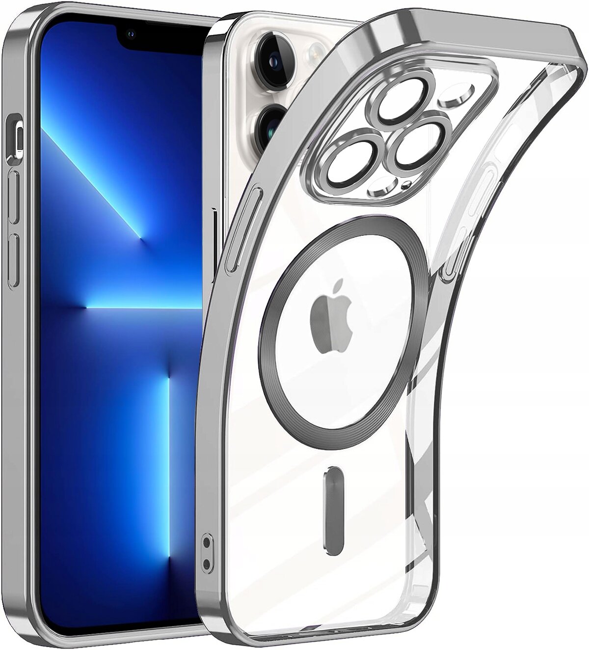 Przezroczyste etui na telefon z widocznym logo w kształcie jabłka oraz okrągłym wzorem na środku. Obok etui znajduje się telefon z wyświetlaczem i trzema obiektywami aparatu.