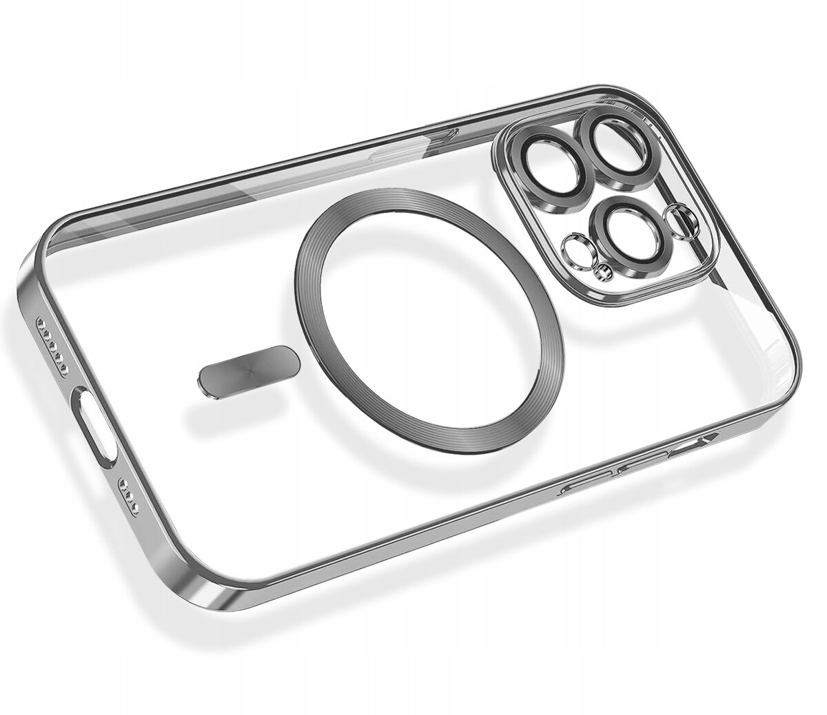 Przezroczyste etui na telefon z widocznym okrągłym elementem magnetycznym i wycięciami na aparat. Etui ma metaliczne krawędzie i otwory na przyciski oraz porty.
