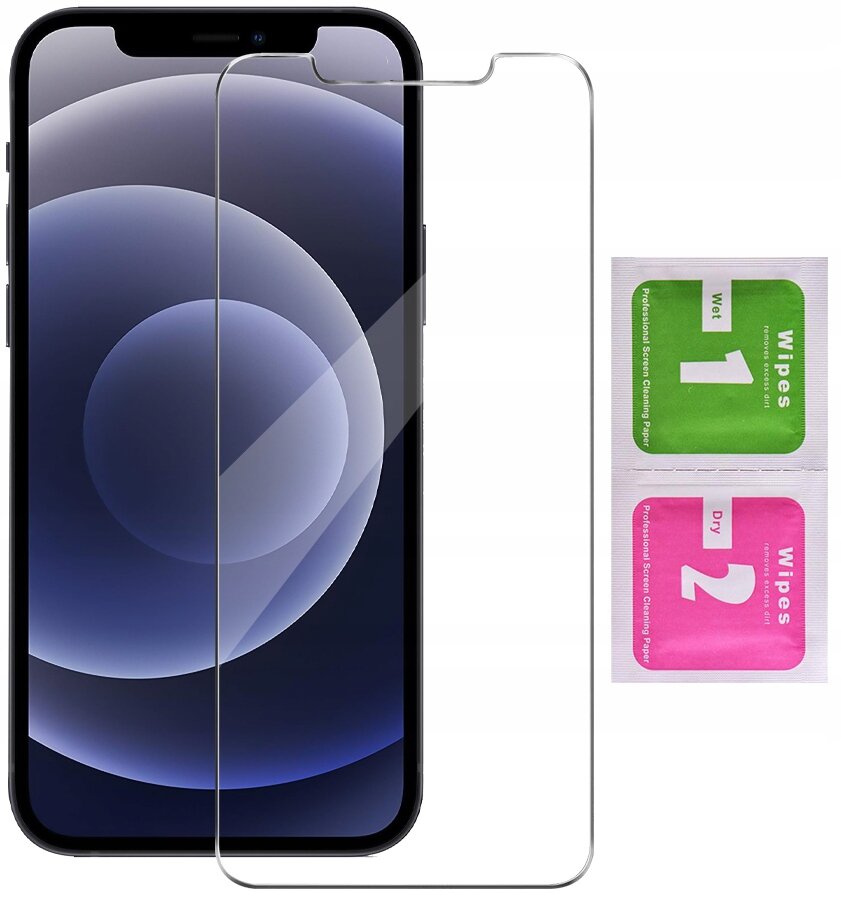 Na obrazie widoczny jest telefon z nałożonym szkłem ochronnym oraz dwa opakowania chusteczek do czyszczenia ekranu oznaczone jako \'1 Wet\' i \'2 Dry\'.