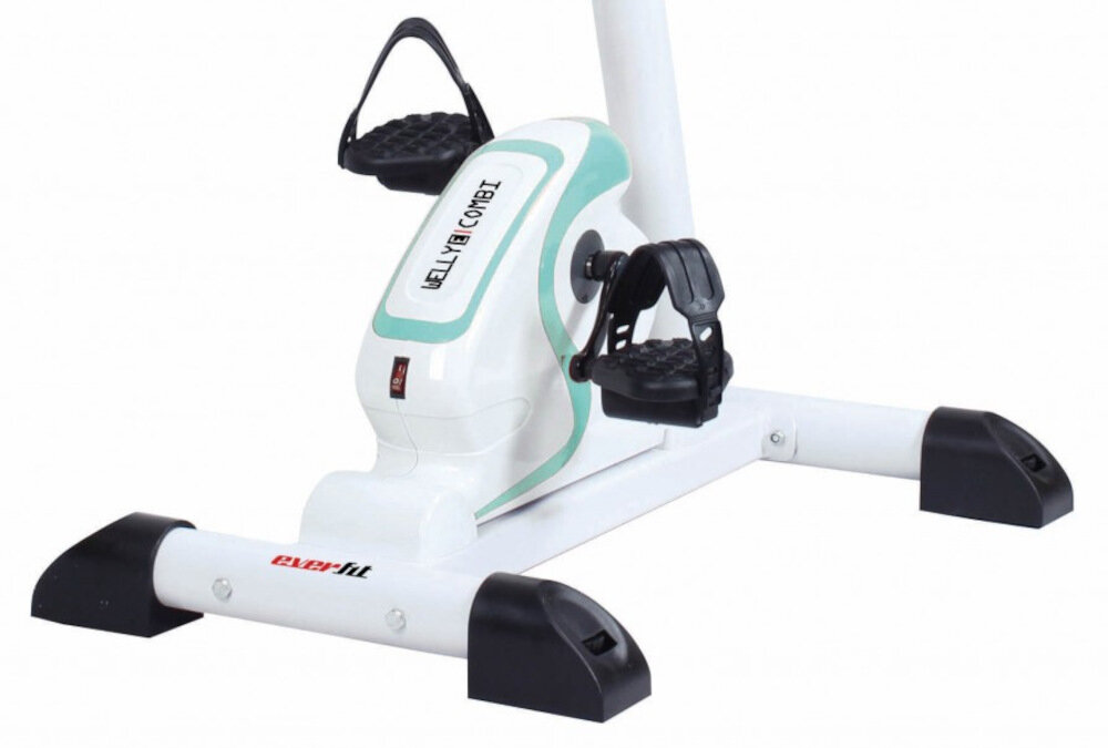Na obrazie widoczny jest biały rotor z pedałami, oznaczony napisem \'WELLY E COMBI\'. Na podstawie urządzenia znajduje się logo \'everfit\'.