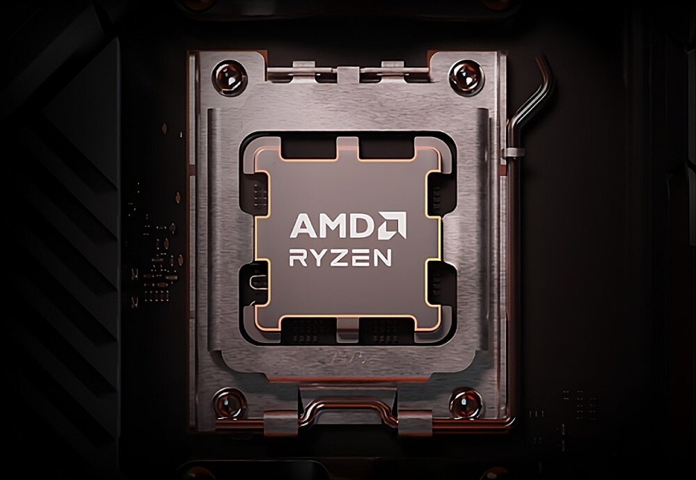 Na obrazie widoczny jest procesor z napisem \'AMD RYZEN\' zamontowany w gnieździe płyty głównej.