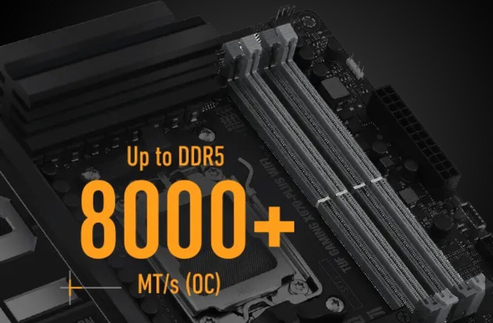 Obraz przedstawia fragment płyty głównej z widocznymi slotami na pamięć RAM. Na obrazie znajduje się tekst: \'Up to DDR5 8000+ MT/s (OC)\'.
